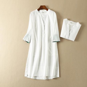 外貿原單 意大利 棉 拼色 前短后長 V領中袖襯衫連衣裙