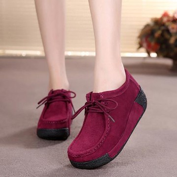 秋季新款松糕鞋女鞋系帶坡跟休閑鞋磨砂皮厚底媽媽鞋低幫單鞋子