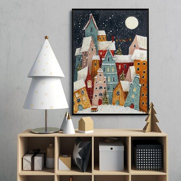 平安夜的月亮 - 療癒耶誕小鎮團圓夜掛畫/兒童房擺設/民宿裝飾畫