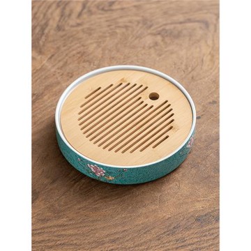 陶瓷百花扒花琺瑯彩女士圓形干泡盤壺承茶盤盛水盤茶具儲水式簡約