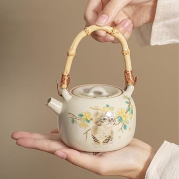 (免運)米黃汝窯貓咪提梁壺陶瓷茶壺泡茶家用茶水壺泡茶壺大容量功夫茶具
