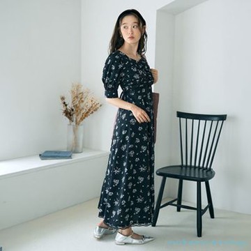 〚earth music〛復古碎花打印高腰剪裁短袖洋裝