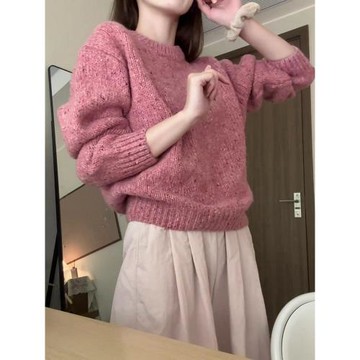 粉色圓領套頭毛衣女秋冬2025新款寬松慵懶風軟糯針織衫長袖上衣服