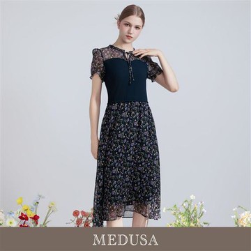 現貨【MEDUSA 曼度莎】浪漫碎花雪紡拼接透膚長洋裝（M-XL）｜雪紡洋裝 碎花洋裝 透膚拼接洋裝