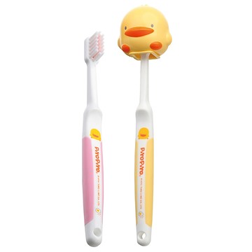 PiYOPiYO黃色小鴨 6A兒童雙色牙刷 可愛小鴨造型 柔軟刷毛 附刷頭收納  顏色隨機  2支  1組
