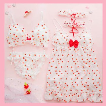 茶小啾印花可愛內衣軟妹睡裙套裝日系文胸無鋼圈雪紡紗草莓睡衣