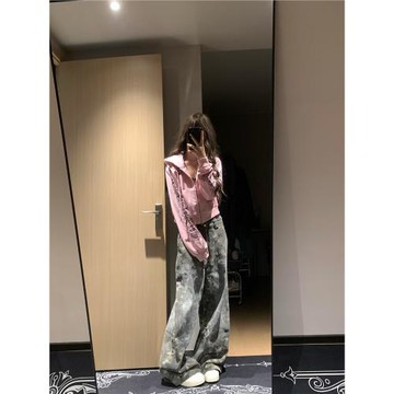 美式復古慵懶chic字母印花短款粉色開衫衛衣女秋冬辣妹連帽衫外套