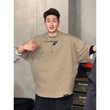 2025夏季美式蝙蝠袖圓領短袖男痞帥簡約寬松百搭透氣休閑T恤半袖