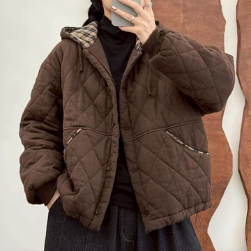 復古菱格格紋連帽寬鬆棉服244189