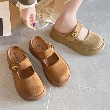 穆勒鞋．經典絨面金屬釦一字帶圓頭厚底拖鞋．白鳥麗子