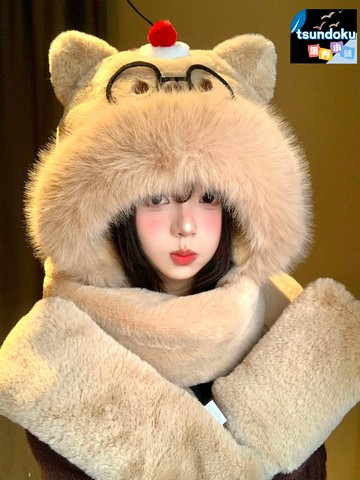 【萌趣保暖三件套】小熊毛絨帽 圍巾 手套 冬季保暖 防寒 加厚 可愛 一體式 毛茸茸 女款 冬季出行 聖誕禮物