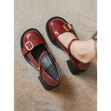 真皮瑪麗珍鞋女法式2023年新款酒紅色高跟伴娘婚鞋厚底粗跟小皮鞋