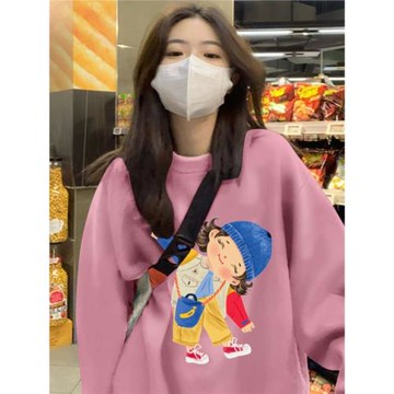 粉色套頭圓領衛衣女寬松慵懶風無帽春秋薄款新款2025爆款加絨上衣