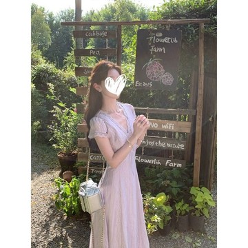 熱銷長賣爆款🌟夏季新款法式復古溫柔紫絕美氛圍感設計氣質短袖收腰顯瘦連衣裙AN2H