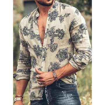 Men's casual trend fashion floral slim fit shirt for men長袖