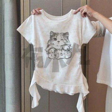 【佈小九】女生短T 短袖【人棉260克/扎染】小貓短袖t恤夏季新款不規則荷葉邊上衣