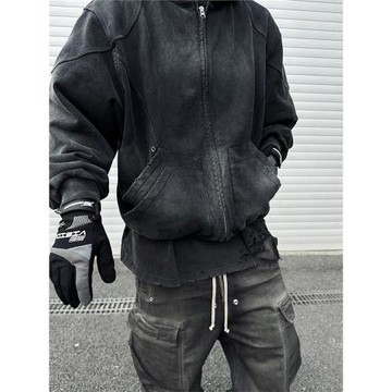 RIGHT PLAN水洗復古做舊破洞插肩拉鏈帽衫衛衣連帽寬松開衫秋冬