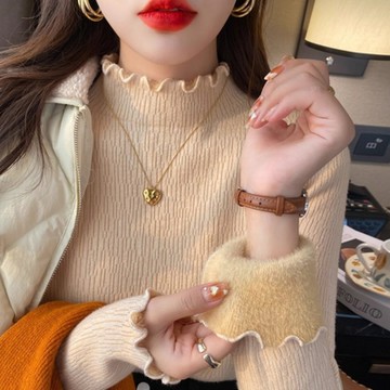 La Belleza素色荷葉領內裡仿水貂絨加絨加厚木耳邊内搭半高領保暖坑條針織上衣