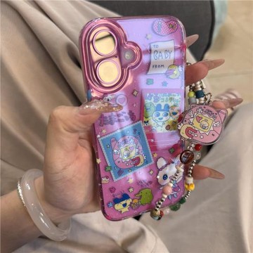 日系趣味可愛卡通插畫適用于iPhonePromax手機殼15防摔1413 middot閃粉郵票拓麻歌子掛件15pro