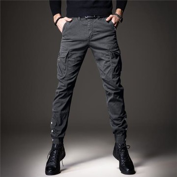 貴色秋季潮牌工裝褲男多口袋修身小腳休閑褲男作戰傘兵束腳褲子男