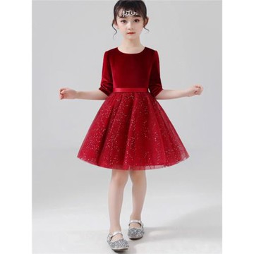 兒童高端晚禮服酒紅色絲絨中袖公主蓬蓬裙花童裝小主持人演出服女