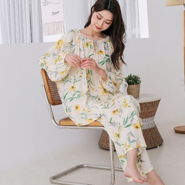 40支棉綢睡衣女士寬松國風燈籠袖高級感人棉長袖長褲家居服套裝鑫弘-素時衣櫥