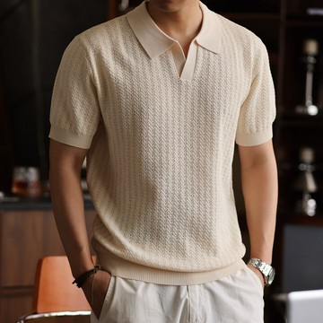 Wuluwear 【鏤空針織】老錢風300g重磅短袖V領POLO衫男翻領上衣夏