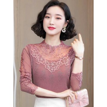 新款秋裝蕾絲打底衫女長袖內搭亮絲網紗t恤上衣百搭高領性感小衫