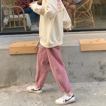 燈芯絨束腳褲女秋冬ins潮高腰顯瘦直筒寬松哈倫休閑褲子