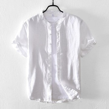 【巴黎精品】現貨+預購 襯衫短袖上衣-寬鬆小立領亞麻襯衣男裝4色a1es25