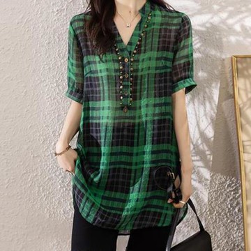 麗質達人 - 2117格紋V領中長版上衣-三色