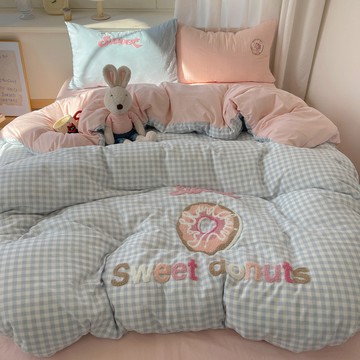 爆款🎉超甜ins風 全棉 可愛酷美毛巾繡純水洗棉四件套格子學生宿捨床上三件套 床包組 雙人床包組 加大床包組 床包四件組