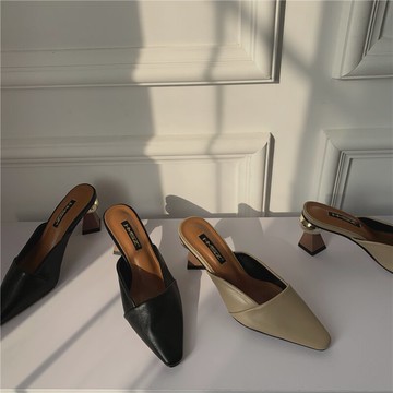 高跟鞋設計感小眾單鞋女鞋子2022年春夏異性圓形中跟外穿半拖春款