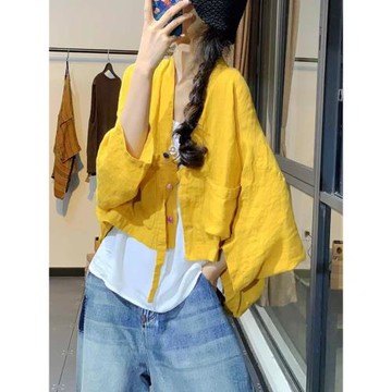 文藝復古盤扣棉麻開衫外套女夏季2025新款寬松休閑蝙蝠袖純色上衣