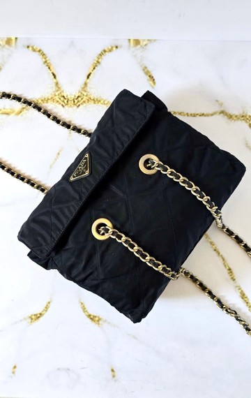 絕版古董包 稀有Prada黑色降落傘鏈子側背包 單肩包 斜背包 中古