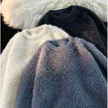 秋冬季新款日系原宿氣派純色保暖內搭針織衫 潮牌潮流 美式復古文藝慵懶風寬鬆軟糯毛茸茸圓領毛衣