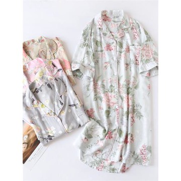 人棉睡裙夏季薄款開襟女士短袖翻領綿綢家居裙寬松大碼柔軟睡衣