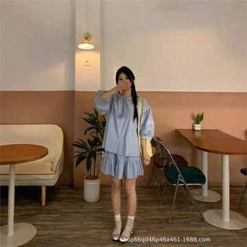 藍色溫柔風繡花短袖半身裙套裝女夏季設計感甜美兩件套