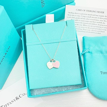 美國百分百【全新真品】Tiffany & Co. 迷你雙心形吊飾 項鍊 純銀刻字 蒂芬妮 銀飾墜飾 專櫃 純銀 粉紅 BC46