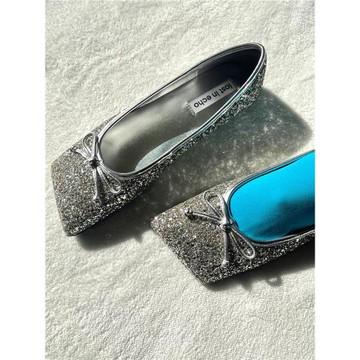 明星同款lost in echo閃片銀色斜方頭蝴蝶結平底芭蕾舞鞋淺口單鞋