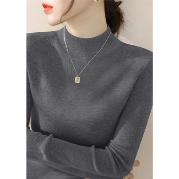 2025年春季新款女裝深灰色半高領毛衣修身內搭打底上衣長袖針織衫