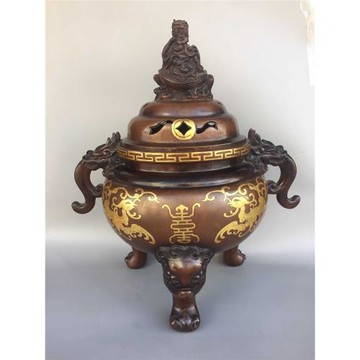 老件紫銅鎏金高44*38公分13.5公斤長壽富貴盤龍蓋熏香爐擺件