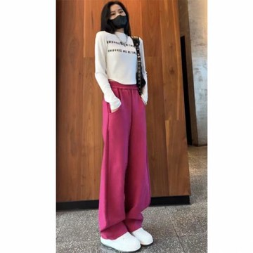 玫瑰紅色闊腿香蕉褲女春秋季歐貨新款窄版運動褲時尚休閑直筒長褲