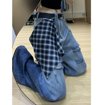 牛仔褲 牛仔長褲 褲子 長褲 顯瘦牛仔褲 直筒褲 大碼女裝秋冬顯瘦遮肚牛仔褲女設計感格子拼接闊腿褲辣妹