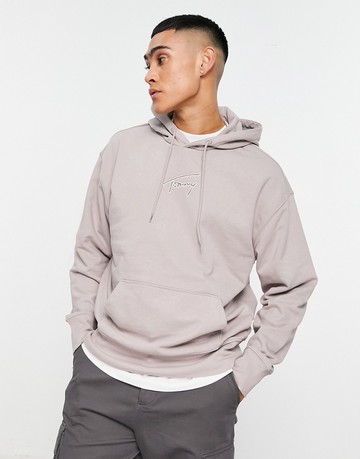 Tommy Jeans cotton signature logo relaxed fit hoodie in stone-Neutral