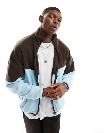 ASOS DESIGN oversized zip through track jacket in blue polar fleece with brown colour blocking