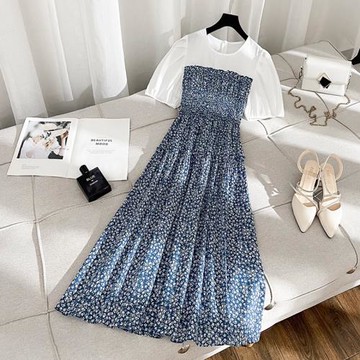 韓版大碼女裝雪紡短袖碎花拼接公主裙2025夏胖妹妹減齡遮肚連衣裙