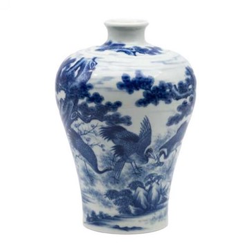 淥水山房 華軍鼎成柴窯 柴燒手繪青花松鶴延年小梅瓶  仿古花瓶