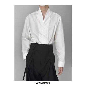 WANGCOM | 極簡立領襯衫禁欲系高級質感慵懶純色寬松長袖襯衣男夏