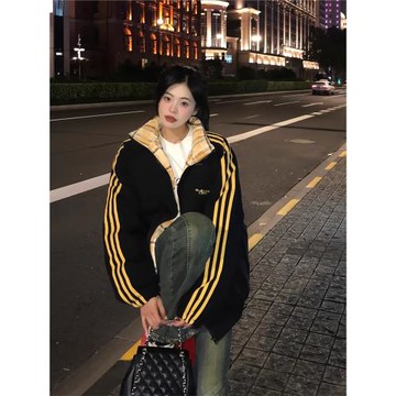 條紋羽絨棉服女款2025年冬季新款棉衣拼色加厚三條桿潮牌棉襖外套